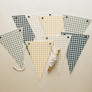 Gingham Bunting in Navy, Yellow, Sage and Tan, Reusable Heavy Flags,  Garland, Birthday, Picnic Bunting
