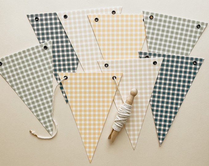 Gingham Bunting in Navy, Yellow, Sage and Tan, Reusable Heavy Flags,  Garland, Birthday, Picnic Bunting
