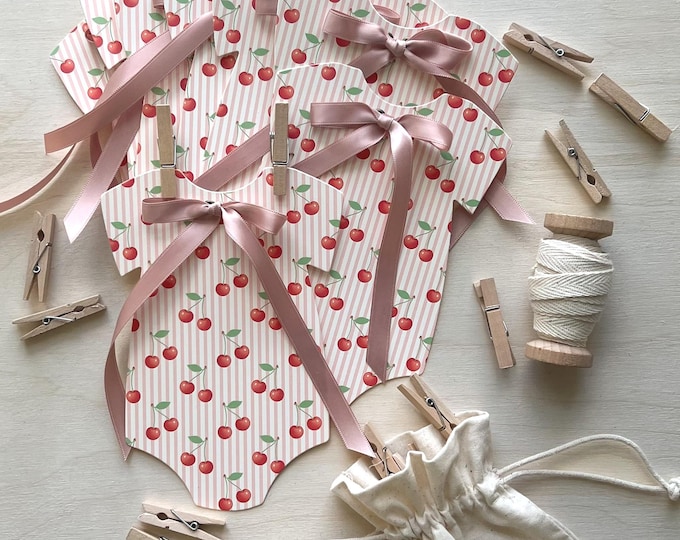 Cherry Baby Shower Banner, 8 Elegant Pink Stripe Bodysuits with Pink Bow, Preppy Cottage Style, Clothesline Decor, Coquette Baby Shower