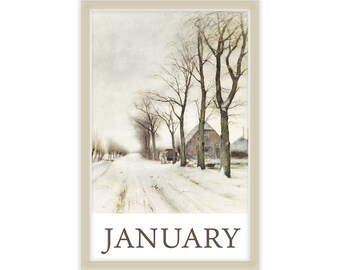 January Art Print Reproduction Vintage Rustic Snow Decor Month Art For Winter Gift  Birthday Month Gift Ready To Frame January Snow Art Gift