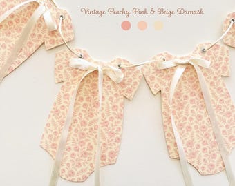 Girl Baby Shower Decorations, 8 Elegant Vintage Peachy Pink Damask Bodysuits with Cream Bows, Baby in Bloom, Coquette Baby Shower