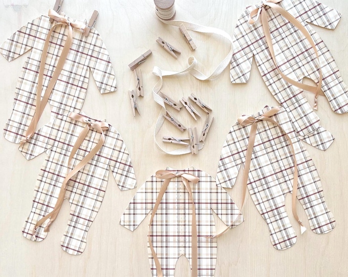 Boy Baby Shower Decor, Tan Beige Plaid Vintage Style Preppy Baby Clothes Decor, 5 - 8 1/4"W x 9 3/16"H Pajamas, Adjustable, Keepsake