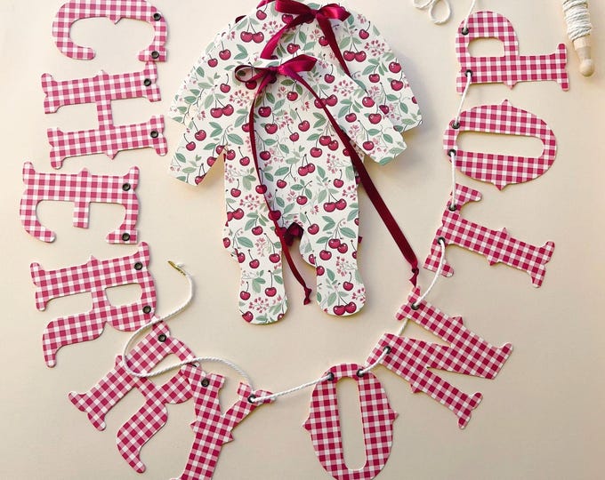 Cherry Baby Shower Banner Girl – Cherry On Top Pajamas Garland with Bows – Baby Girl Shower Décor, Vintage-Inspired Party Decoration