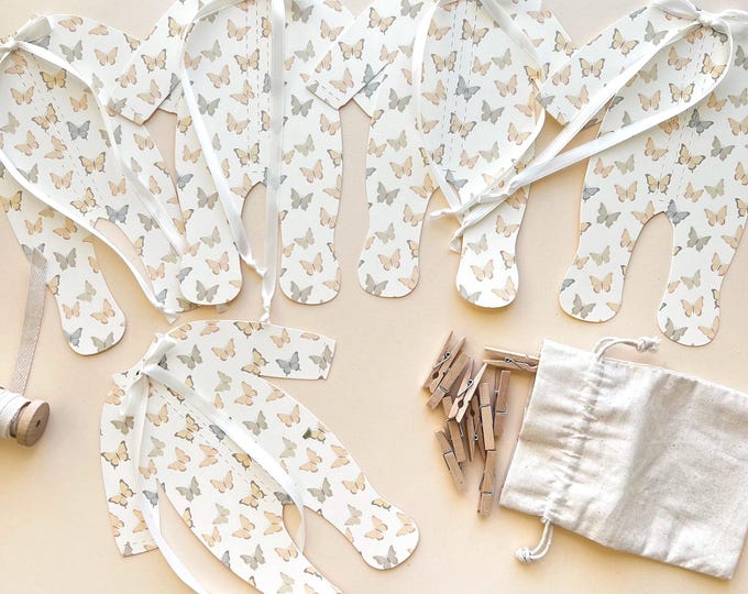 Butterfly Baby Shower Banner, Butterfly Pajamas Clothesline Decorations, Ribbon Bows, 5 - 8 1/4"W x 9 3/16"H Pajamas, Adjustable Length