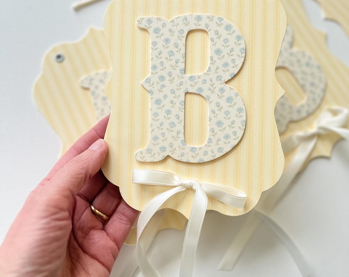 Custom Baby Shower Decoration, Welcome Baby Girl or Boy, Baby's Name, First Birthday ONE Banner, High Chair Banner, Vintage Blue Rose Yellow