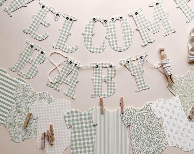 Banner For Baby Shower Light Sage Green Clothesline 8- 5x7" Bodysuits Decorations