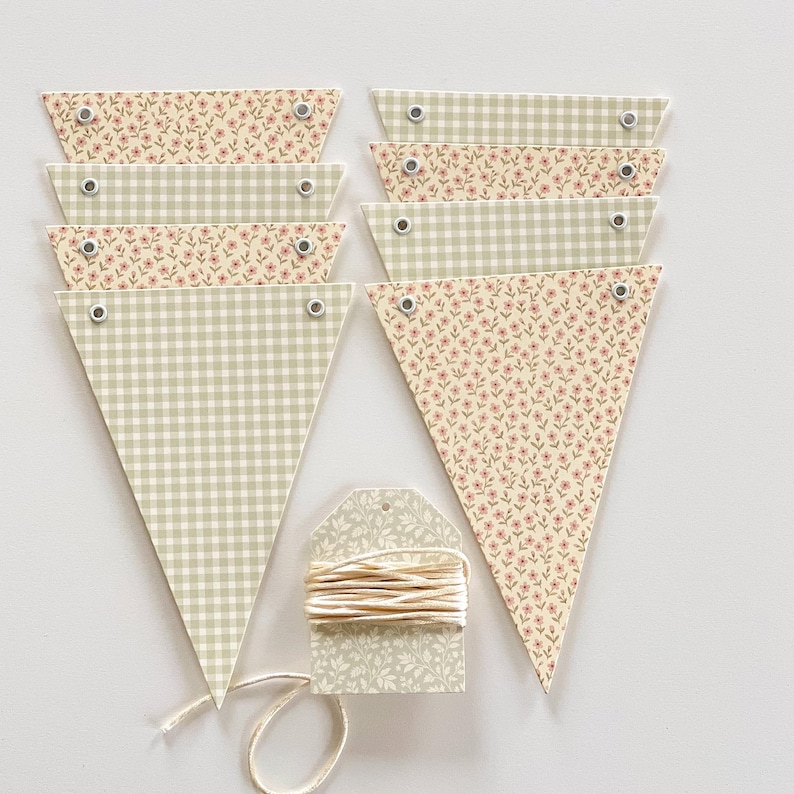 Bunting Banner Sage Green Gingham and Blush Pink Ditsy Flowers, Super Heavy Card Stock, Baby Shower, 5x7" Adjustable Flags image 4