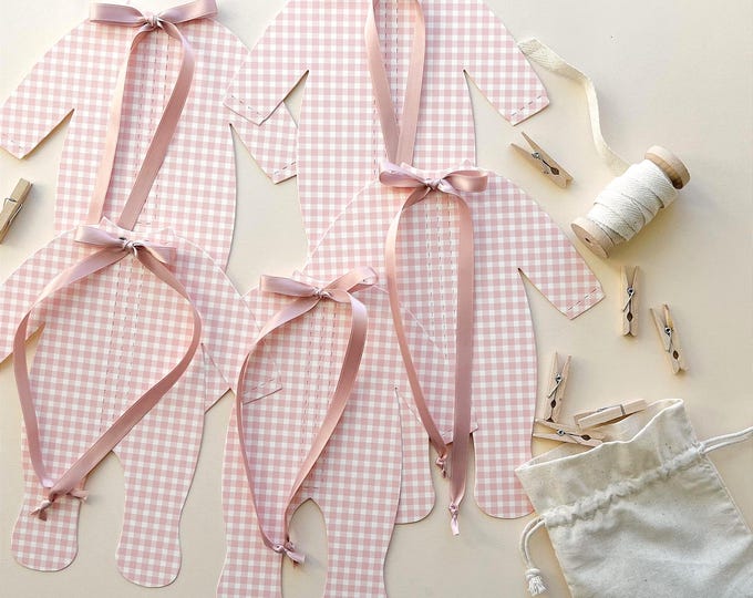 Pink Gingham Baby Shower Decor Banner, Clothesline Decorations with Pink Ribbon Bow, 5 -Pajamas, Adjustable Length, Baby Girl Shower Garland