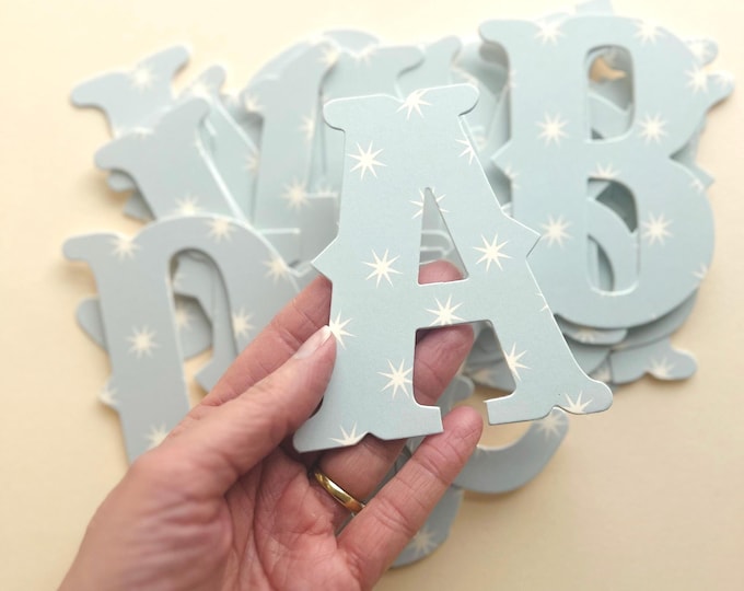 Alphabet Letter Set, French Gray Blue,  4" Tall A-Z with Cream Stars, Vintage Style Letters for Scrapbook, Bulletin Board, Classroom Decor
