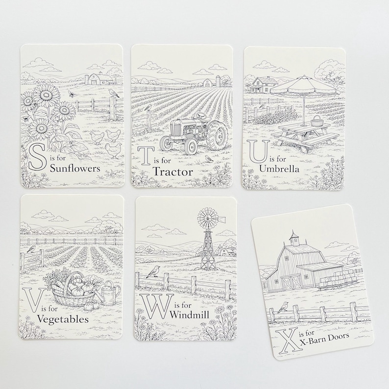 Peut inclure: Six cartes illustr&eacute;es avec des dessins au trait noirs sur fond cr&egrave;me. Les cartes pr&eacute;sentent des images sur le th&egrave;me de la ferme et du texte : tournesols, tracteur, parapluie, l&eacute;gumes, moulin &agrave; vent et portes de grange.