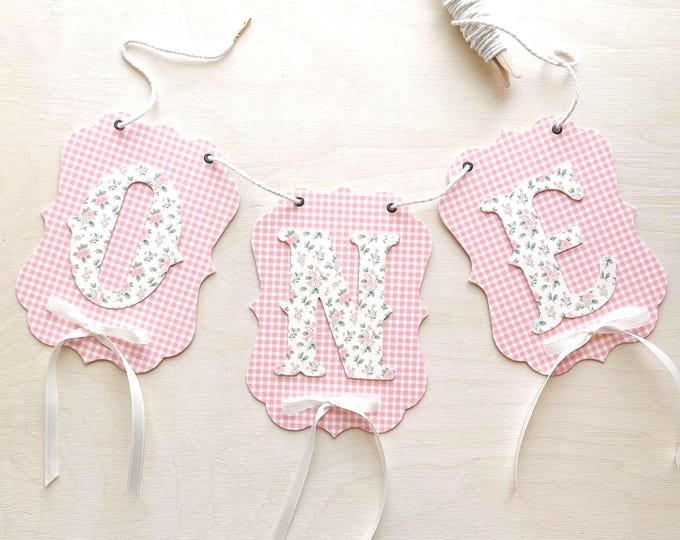 Pink Gingham Highchair Banner ONE First Birthday, Vintage Pink Floral , Satin Bows, Girl 1st Birthday Decor, Photo Prop, Adjustable