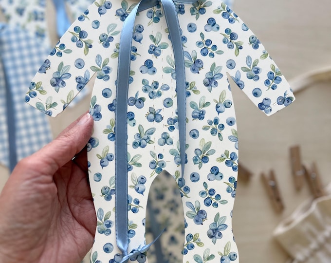 Blueberry Blue Gingham Berry Sweet Berry Baby Shower Decoration, 5 Large Pajamas, Adjustable Length Banner, Berry Baby Shower Decor