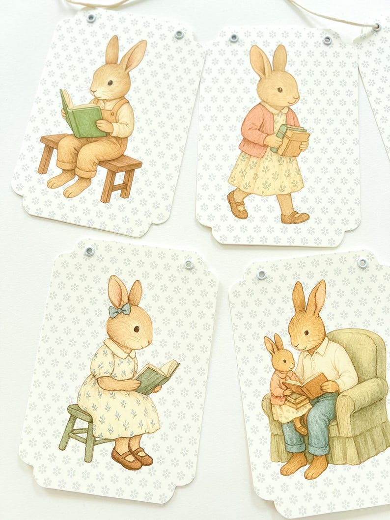 May include: Set of four gift tags featuring illustrations of rabbits. Each tag has a different scene: a rabbit reading, carrying books, sitting on a stool reading, and a parent rabbit reading to a child. The tags have a floral pattern background.