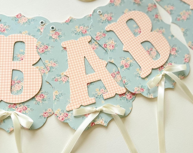 Custom Blue Floral Banner,  Pink Gingham Vintage Letters, Baby Shower Decorations, Welcome Baby First Birthday ONE Banner, High Chair Banner