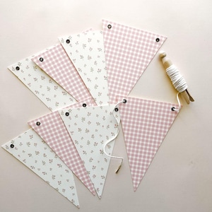 Bunting Banner Pink Gingham and Pink Rosebuds, Super Heavy Card Stock, Baby Shower, Birthday Decorations,  5x7&quot; Adjustable Flags