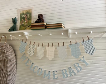 Banner For Baby Shower, Bodysuit Banner Blue Colors Patterns, Nursery Decor, Cottage Core Baby Shower Decor, Ribbon And Clothespins