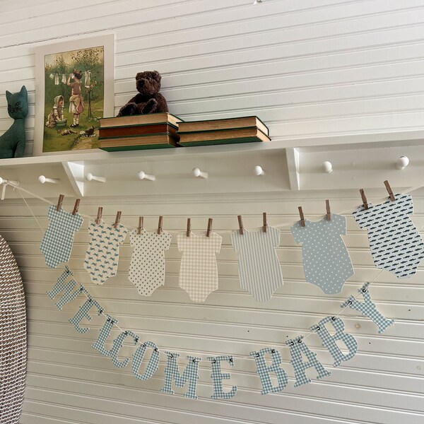 Banner For Baby Shower, Bodysuit Banner Blue Colors Patterns, Nursery Decor, Cottage Core Baby Shower Decor, Ribbon And Clothespins