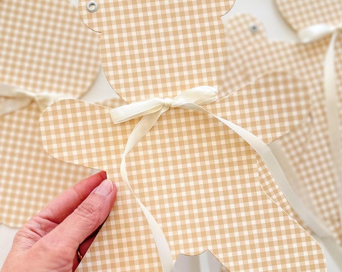 Baby Shower Teddy Bear Banner Garland, 5 Large Pale Beige Gingham  Bears, Adjustable Length, Nursery Decoration for Baby Boy