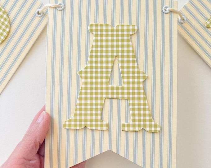 Custom Baby Shower Banner, Vintage Blue & Beige Stripe with Moss Green Gingham, Welcome Baby, First Birthday ONE Banner, High Chair Banner