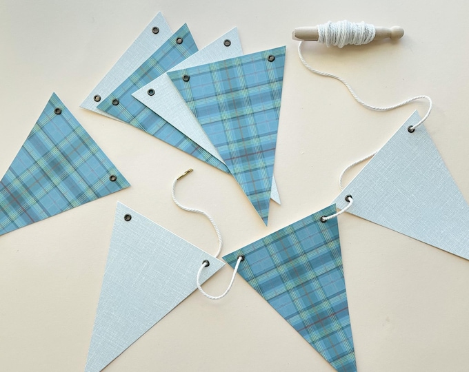 Cottage Plaid Bunting in Navy, Green, and Pale Blue, Reusable Heavy Card Stock Flags,  Baby Shower Garland, Birthday, Picnic Bunting