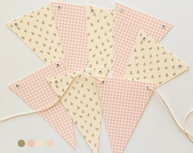 Bunting Banner Blush Pink and Cream Gingham with Vintage Pink Rosebuds on Beige, Super Heavy Card Stock, Baby Shower, Adjustable Flags