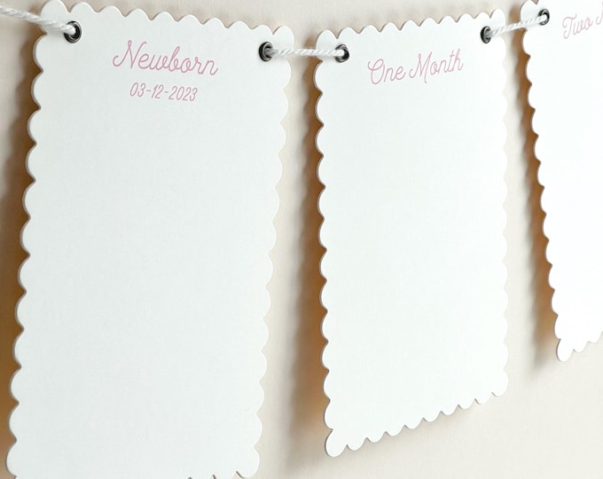 First Birthday Photo Banner, Milestone Cards, Simple Minimal, Personalized Pink Birthdate Keepsake, 13- Scallop Edge Cards, Adjustable