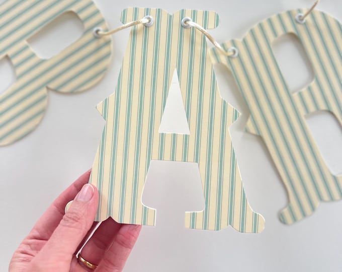 Personalized Mint Bluegreen and Beige Stripe Letter Banner for Baby Name or Welcome Baby Sign, Baby Shower Decorations