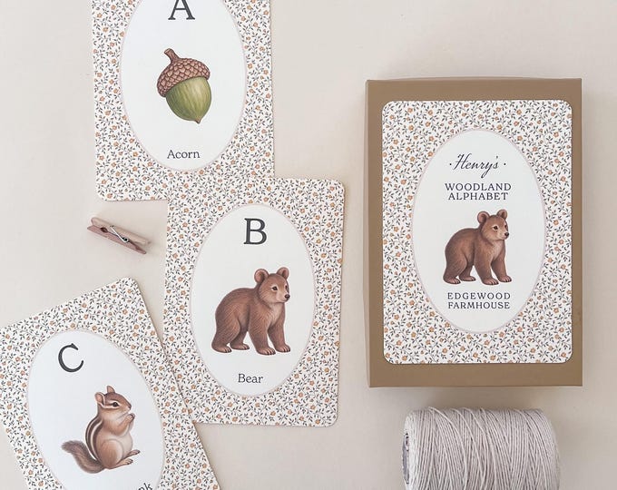 Heirloom Woodland Alphabet Gift Box Set, 26 (5x7) Forest Wall Decor Cards for Nature Theme Nursery, Personalized Baby Shower Gift