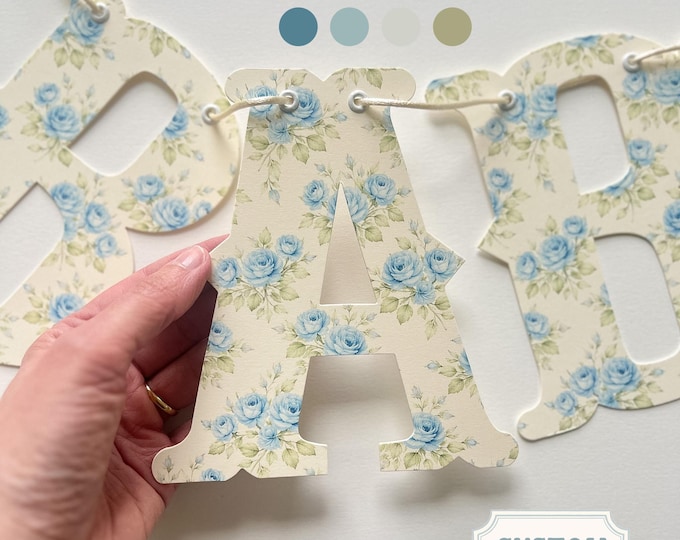 Custom Banner, Vintage Blue Floral Letters, Neutral Baby Shower Decor, Edgewood Farmhouse Style