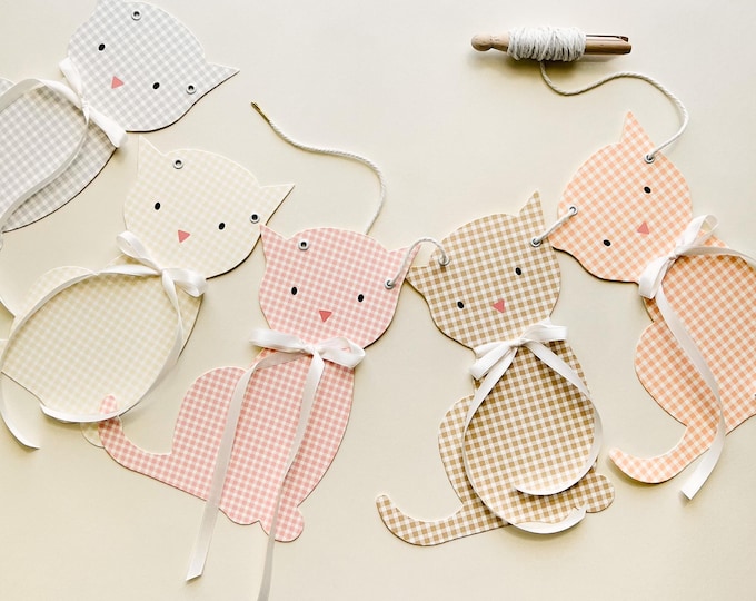 Cat Garland, Kitten Banner, Birthday Decor, Kid's Room Decor, Cottage Farmhouse Gingham,