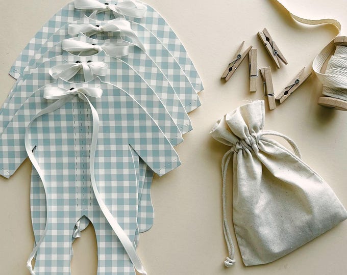 Baby Boy Shower Decoration, Blue Gingham Baby Clothes Decor with Ivory Ribbon Bows, 5 - 8 1/4"W x 9 3/16"H Pajamas, Adjustable Length 5-6'
