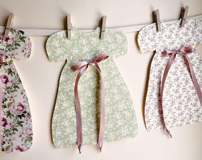 Sage and Pink Baby Shower Floral Dress Banner, Birthday Decor,  Girl Baby Decoration, Vintage Floral Princess Tea Party, 5 Pink Bow Dresses