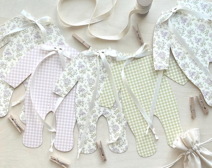 Lilac and Sage Green Baby Shower Banner, Elegant, Lavender Floral and Gingham Pajamas Decorations, Ribbon Bows, clothesline & clothespins