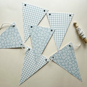 Blue Baby Shower Decor and Nursery Bunting , French Gray Blue Gingham & Vine  5x7" Super Heavy Card Stock Flags, Reusable