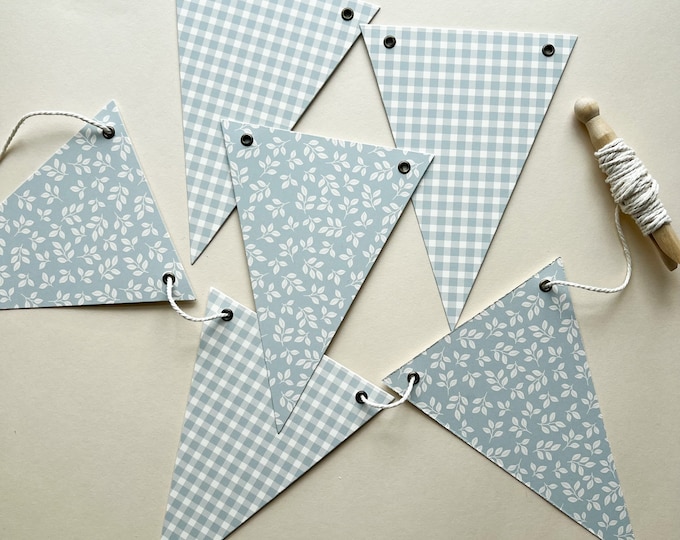 Blue Baby Shower Decor and Nursery Bunting , French Gray Blue Gingham & Vine  5x7" Super Heavy Card Stock Flags, Reusable
