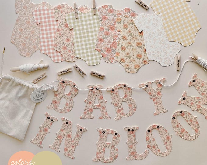 Peach Beige Baby In Bloom Baby Shower Floral Banner,  Clothesline 8 - 5x7" Bodysuits Decorations, Vintage Cottage Farmhouse Style Decor