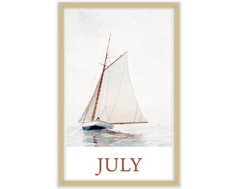 July Month Art Print, Reproduction Vintage Antique Art, Nautical Coastal Vintage Decor, 11x17 Sailboat Art, July Birthday Gift, Summer Gift