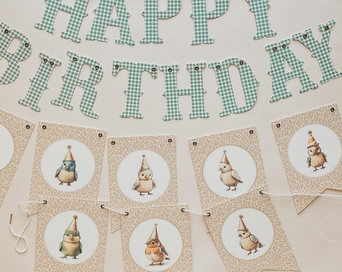 First Birthday, Happy Birthday Garland, Vintage Muted Colors Style Little Birdie Banner Decorations