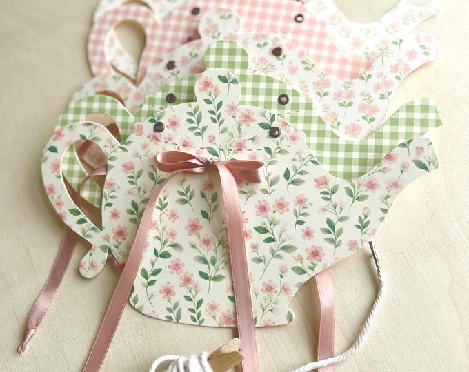 Tea Party Decor, Birthday or Baby Shower Pink and Green Elegant Floral Teapot Decorations, Bows, 5 large Teapots, Adjustable Banner Length