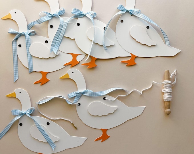 Baby Shower Decoration, Goose with Blue Gingham Bows, Nursery Decor, Silly Goose, Cottagecore Goose Wall Decor, Baby Gift