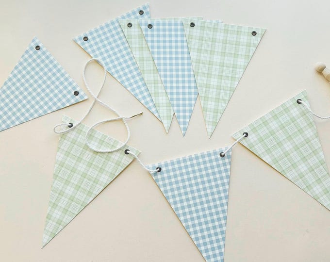 Spring Plaid Bunting in Sage Green Plaid and Blue Gingham, Reusable Heavy Card Stock Flags,  Baby Shower Garland, Birthday, Picnic Bunting