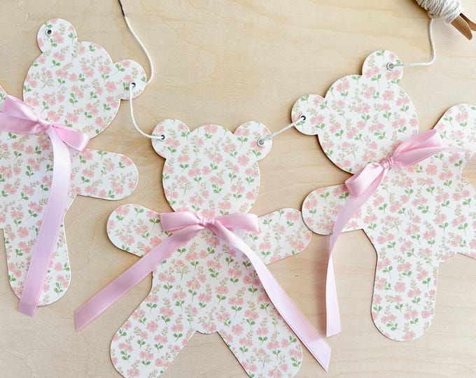 Pink Teddy Bear Banner Garland, Delicate Pink Florals, 5 Large 9 1/2" Tall Bears + Pink Bows, Adjustable Length, Girl Nursery Decoration