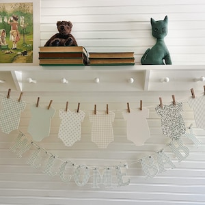 Banner For Baby Shower, Bodysuit Banner Sage colors Patterns, Nursery Decor, Cottage Core Baby Shower Decor, Ribbon And Clothespins