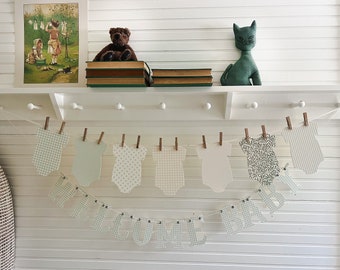 Banner For Baby Shower, Bodysuit Banner Sage colors Patterns, Nursery Decor, Cottage Core Baby Shower Decor, Ribbon And Clothespins