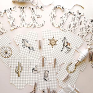Cowboy Baby Shower Nursery Banner Decor,  Tan Gingham Vintage Cowboy  5x7&quot; Bodysuits 4&quot; Letters, Little Cowboy, Rodeo Wild West Decorations
