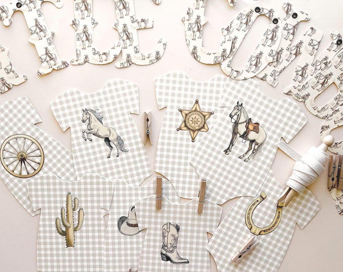Cowboy Baby Shower Nursery Banner Decor,  Tan Gingham Vintage Cowboy  5x7" Bodysuits 4" Letters, Little Cowboy, Rodeo Wild West Decorations