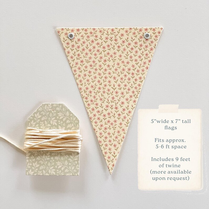 Bunting Banner Sage Green Gingham and Blush Pink Ditsy Flowers, Super Heavy Card Stock, Baby Shower, 5x7" Adjustable Flags image 5