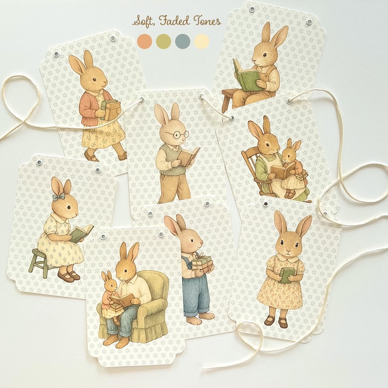 May include: A set of eight decorative tags featuring illustrations of rabbits reading books. The tags have a soft, faded color palette and are connected by a string. The text "Soft, Faded Tones" is at the top of the image.