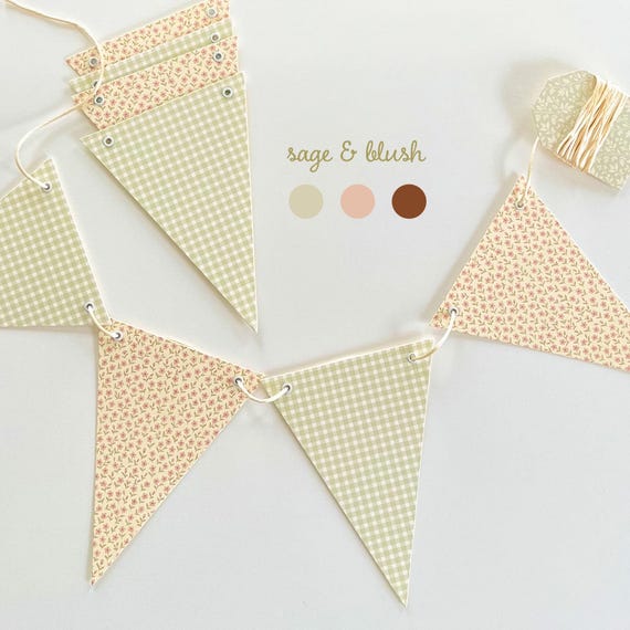 Bunting Banner Sage Green Gingham and Blush Pink Ditsy Flowers, Super Heavy Card Stock, Baby Shower,  5x7" Adjustable Flags