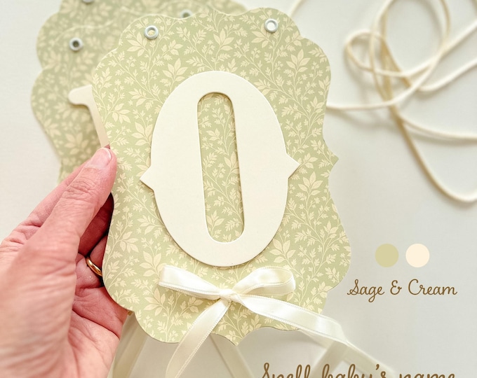 Custom Baby Shower Banner, Vintage Sage Damask, Baby Shower Decorations, Welcome Baby Name, First Birthday ONE Banner, High Chair Banner